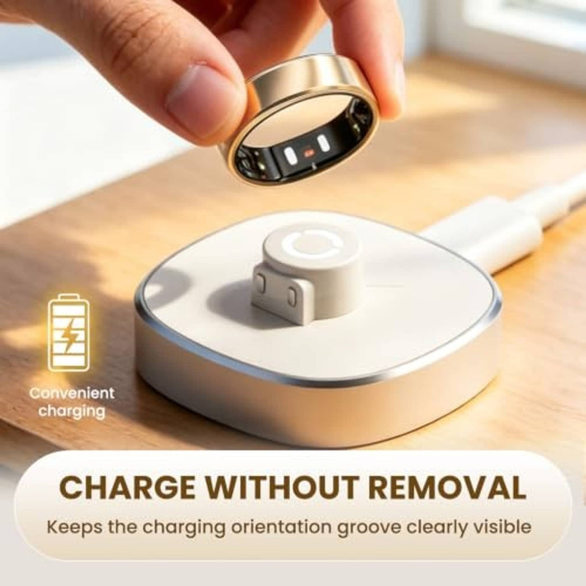 Smart ring with transparent protector film, hand adjusting ring while on charger