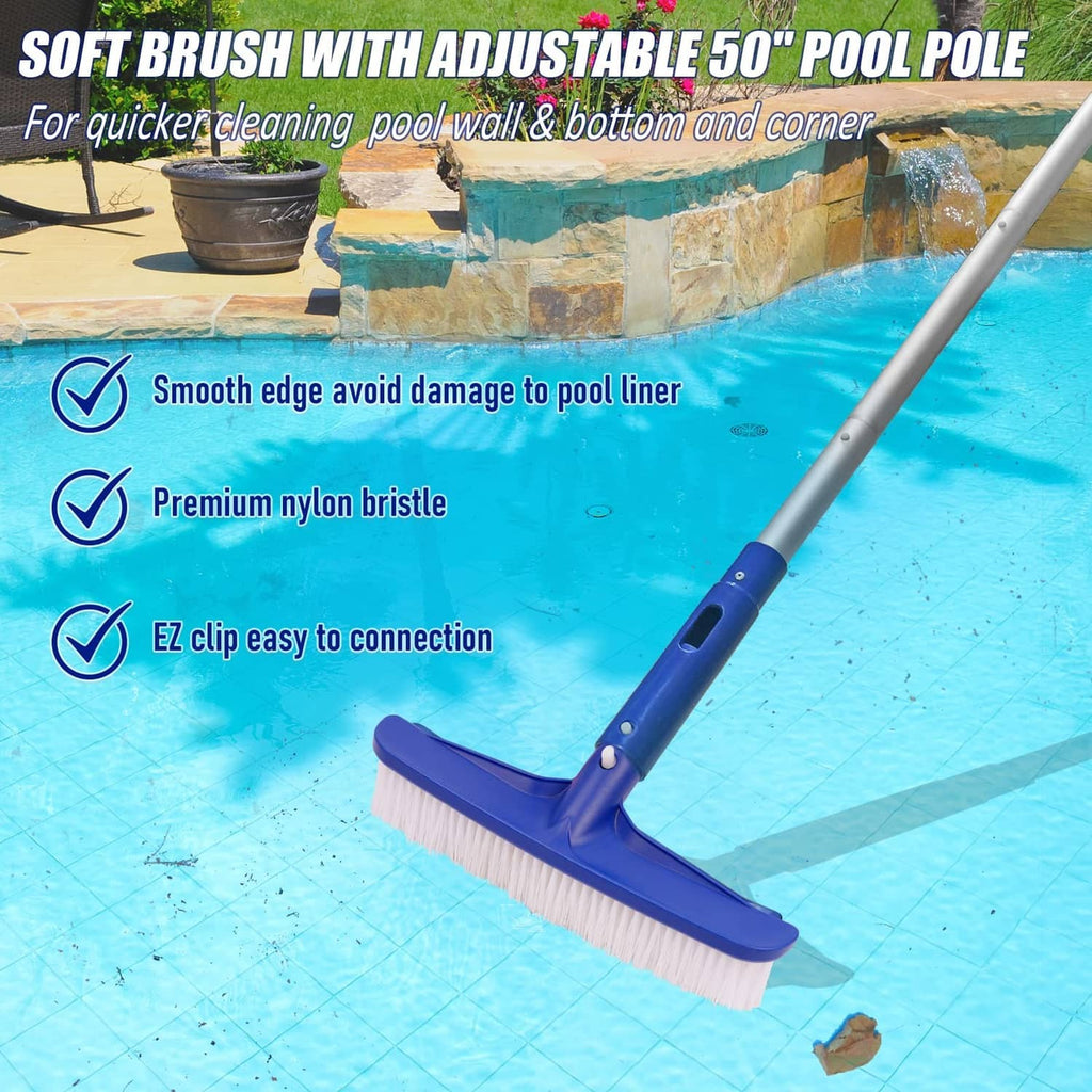 Blue pool brush head with white nylon bristles and attached adjustable pole