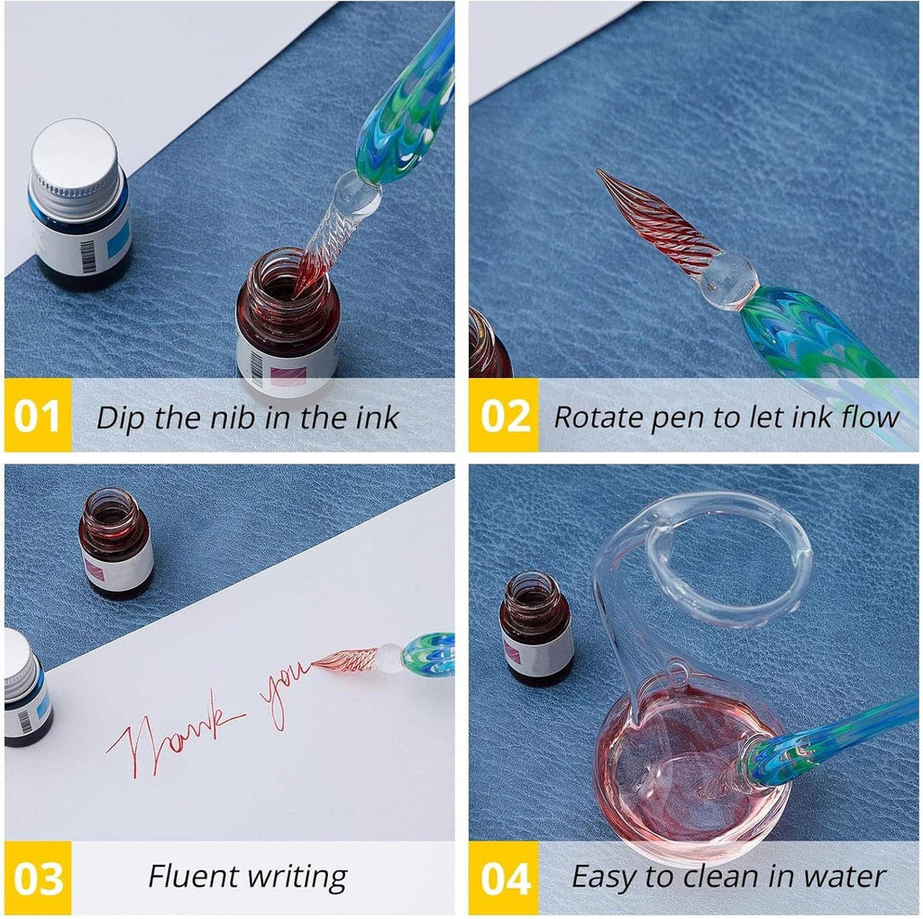 Glass dip calligraphy pen and ink bottles showing dipping, rotating, writing, and easy water rinse