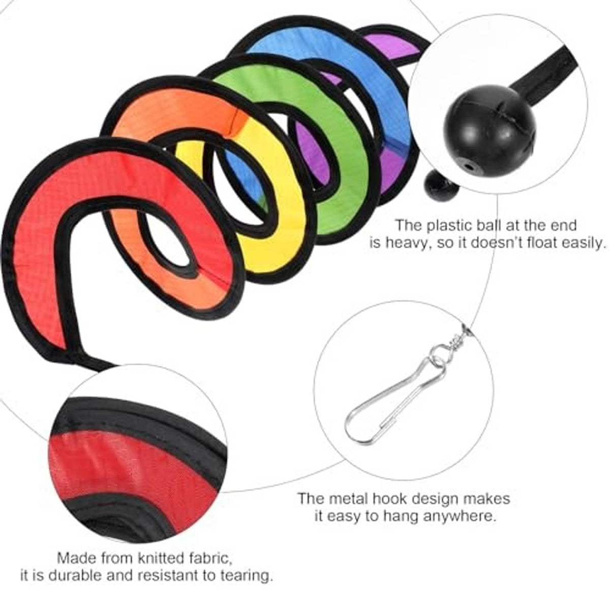 Rainbow wind spinner set with metal hooks and heavy black plastic end ball weights