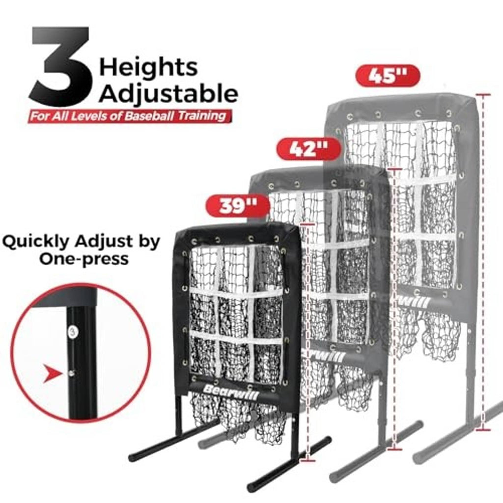 Adjustable baseball pitching net showing multiple height settings, black target net and poles