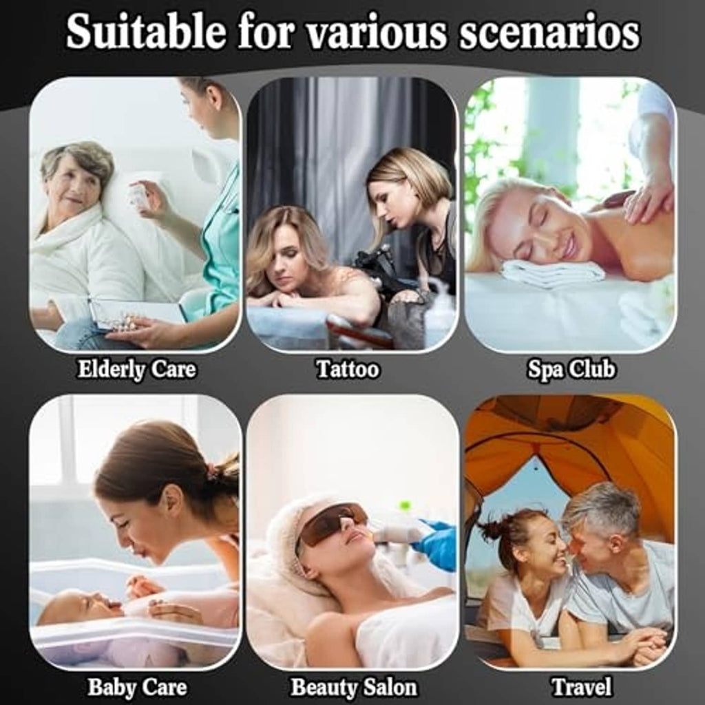 Black disposable massage sheets shown for use in spa, tattoo, baby care, and travel