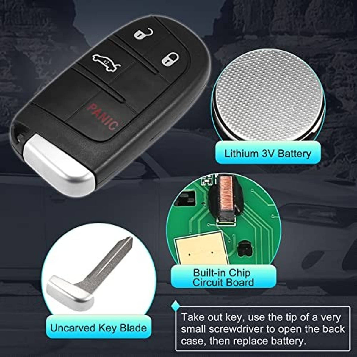 Black car remote with built-in silver key blade, panic button, and battery area view