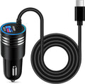 Black car USB-C fast charger with coiled cable and USB-C plug, compact cylinder
