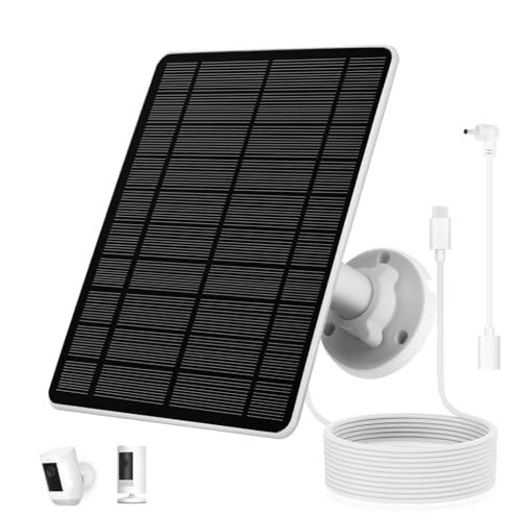Solar panel with black photovoltaic cells, white wall mount bracket, and coiled charging cable