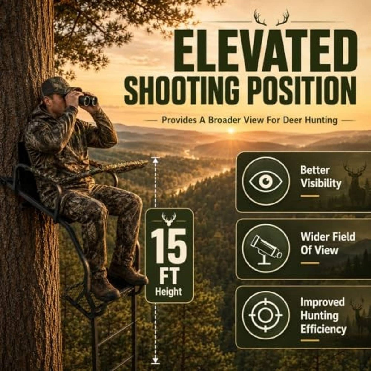 One-person elevated ladder tree stand with padded seat and shooting rail