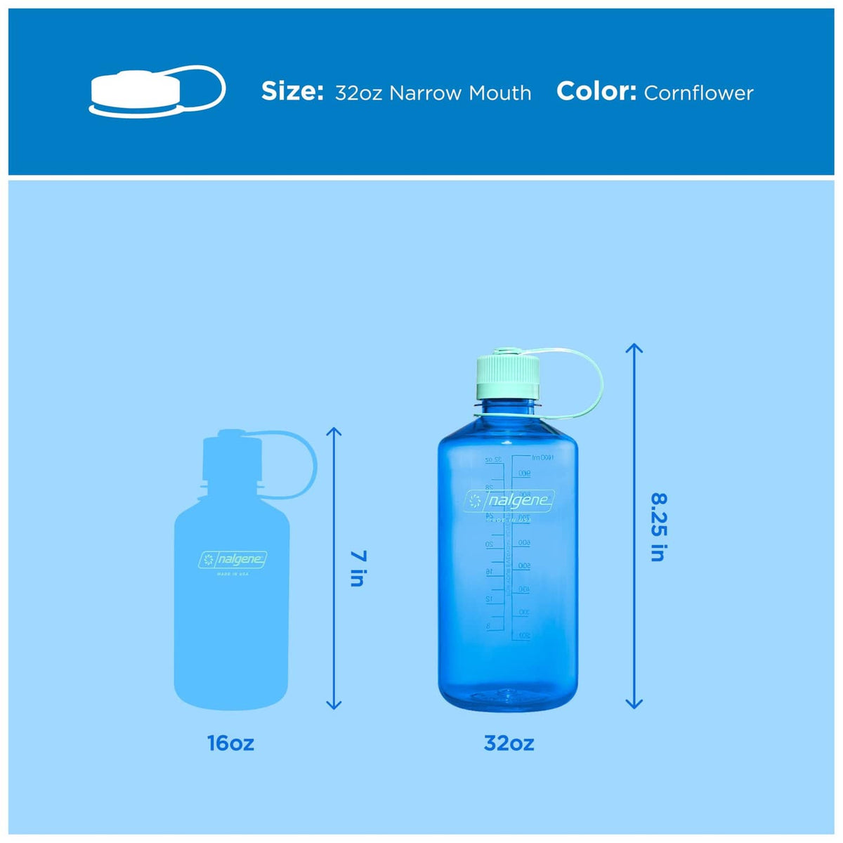 32 oz narrow mouth water bottle in cornflower blue with size markings