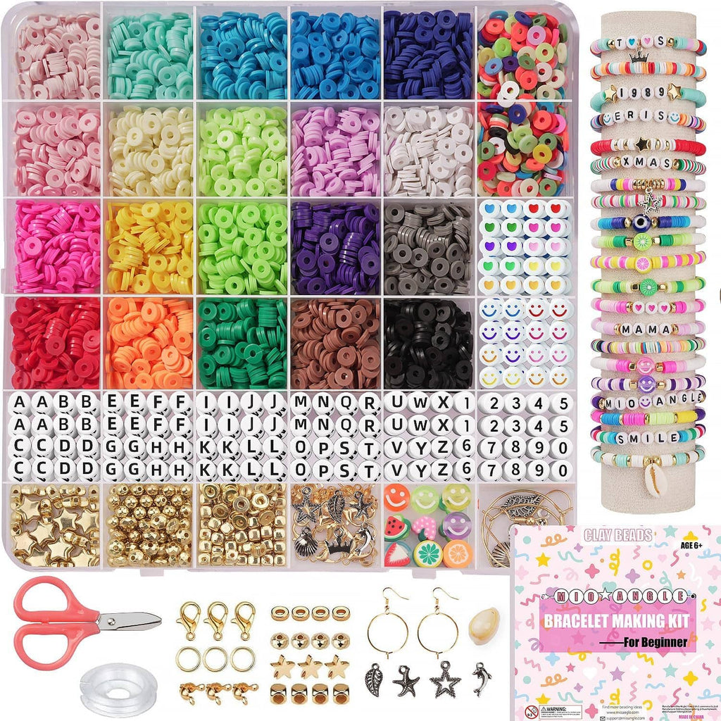 Bracelet making kit with bead assortments, stringing cord spool, and metal earring-style hooks