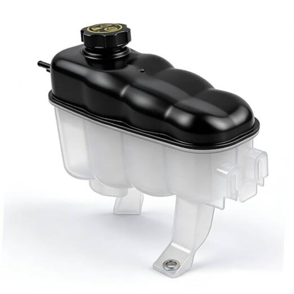 Engine coolant reservoir tank with black cap and translucent body, side mounting bracket