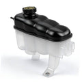 Engine coolant reservoir tank with black cap and translucent body, side mounting bracket
