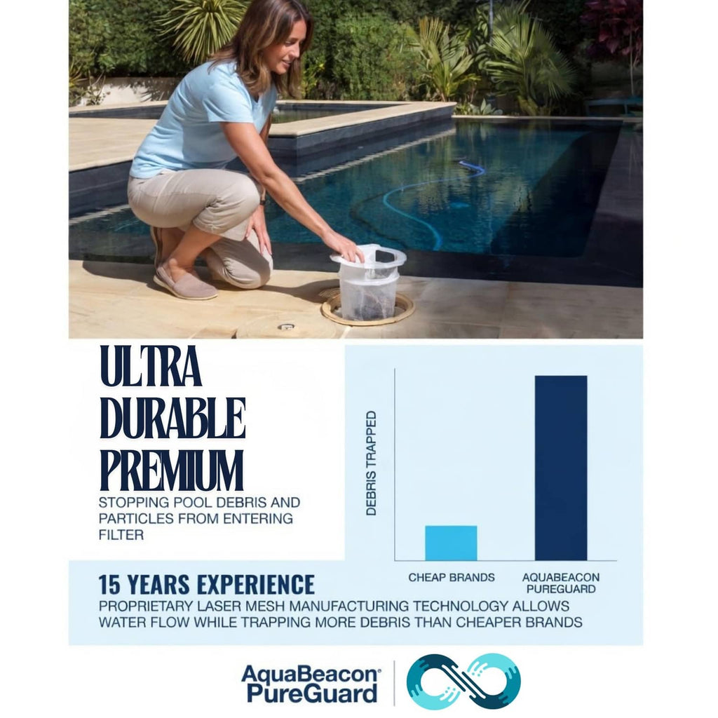 Pool skimmer sock system in use with white filter basket near pool edge