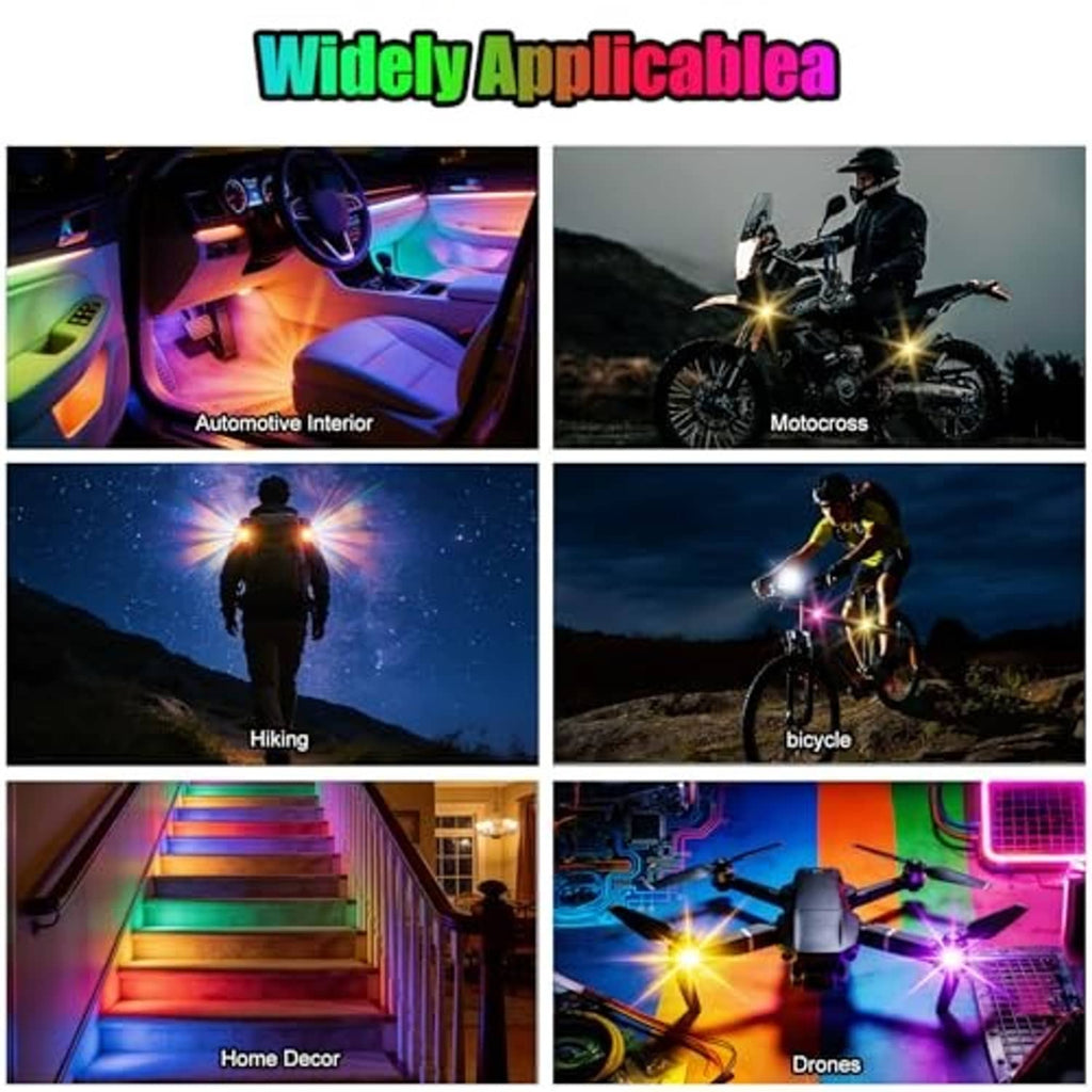 Wireless LED rock lights illuminating vehicles and stairs with multi-color effects