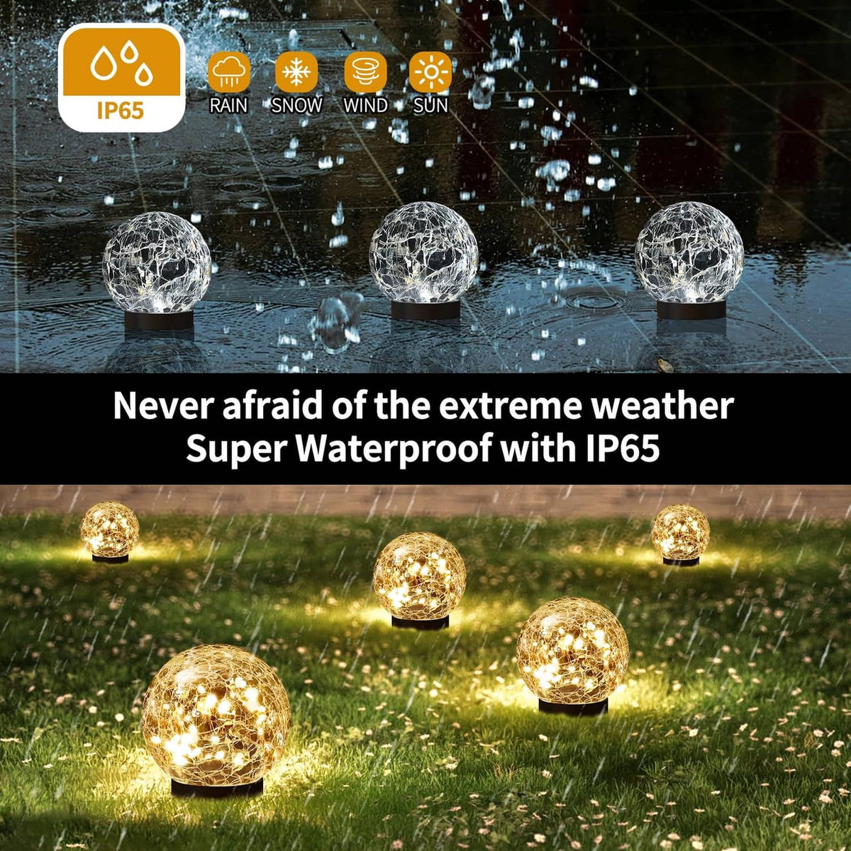 Warm-white solar glass globe lights with glowing spheres on outdoor ground in rain