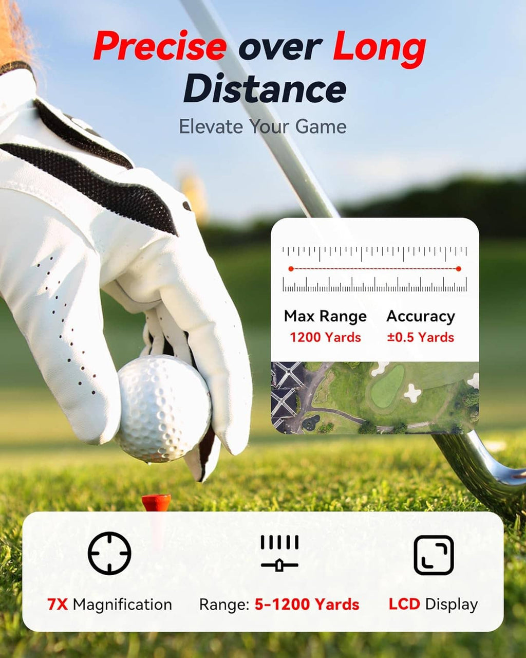 Black laser golf rangefinder with red and green controls, compact handheld design