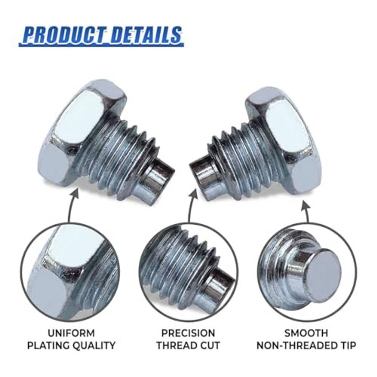Car jack handle bolts with hex heads, detailed thread and tip views