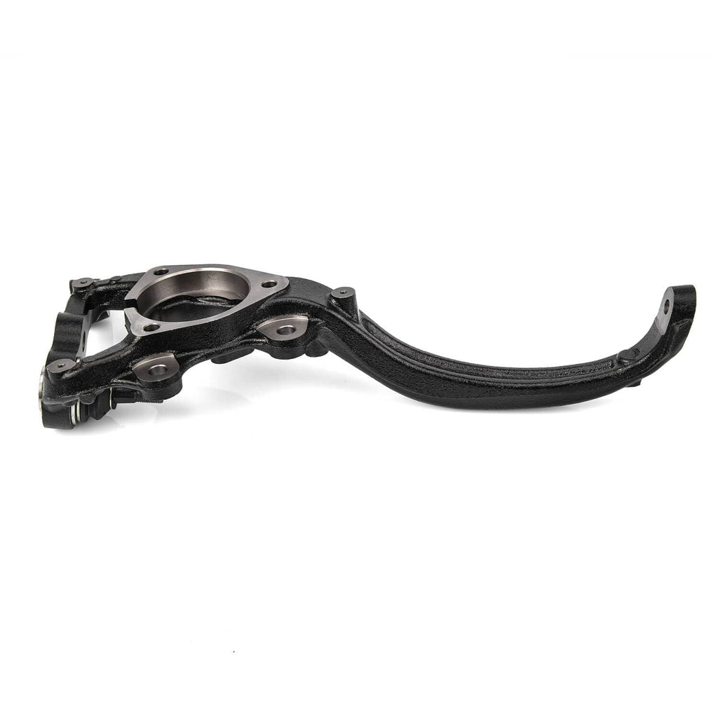 Steering knuckle with arm bushing and mounting flange, black finish, side view