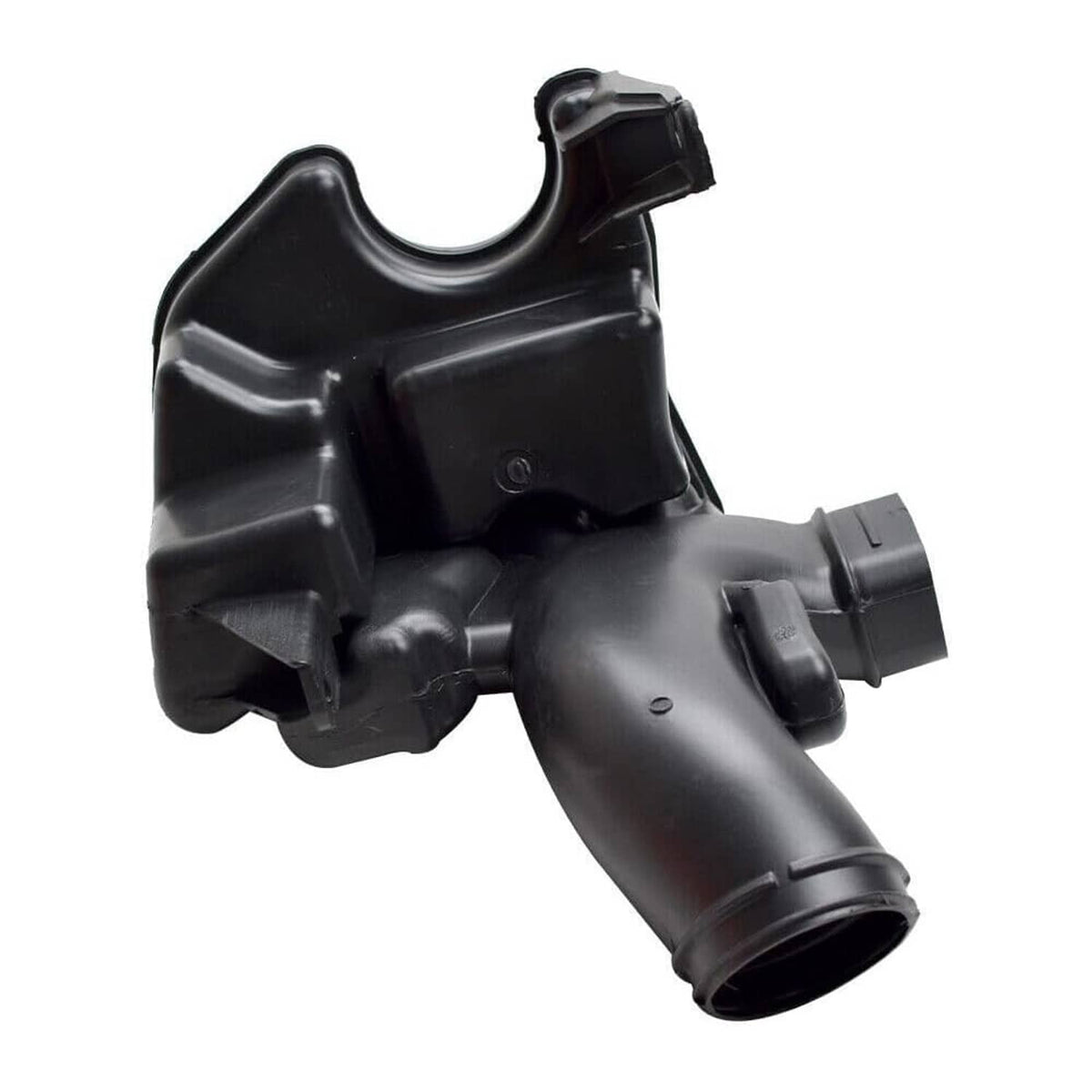 Black air intake lower resonator housing with attached inlet and outlet tubes