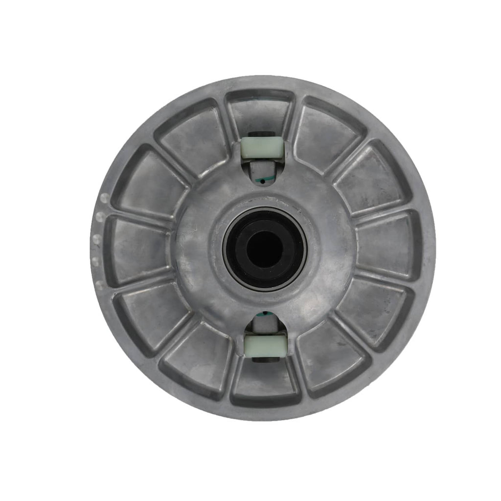 Secondary driven clutch sheave, silver metal with two green dampers and center black opening
