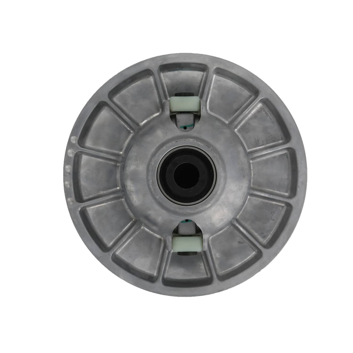 Secondary driven clutch sheave, silver metal with two green dampers and center black opening