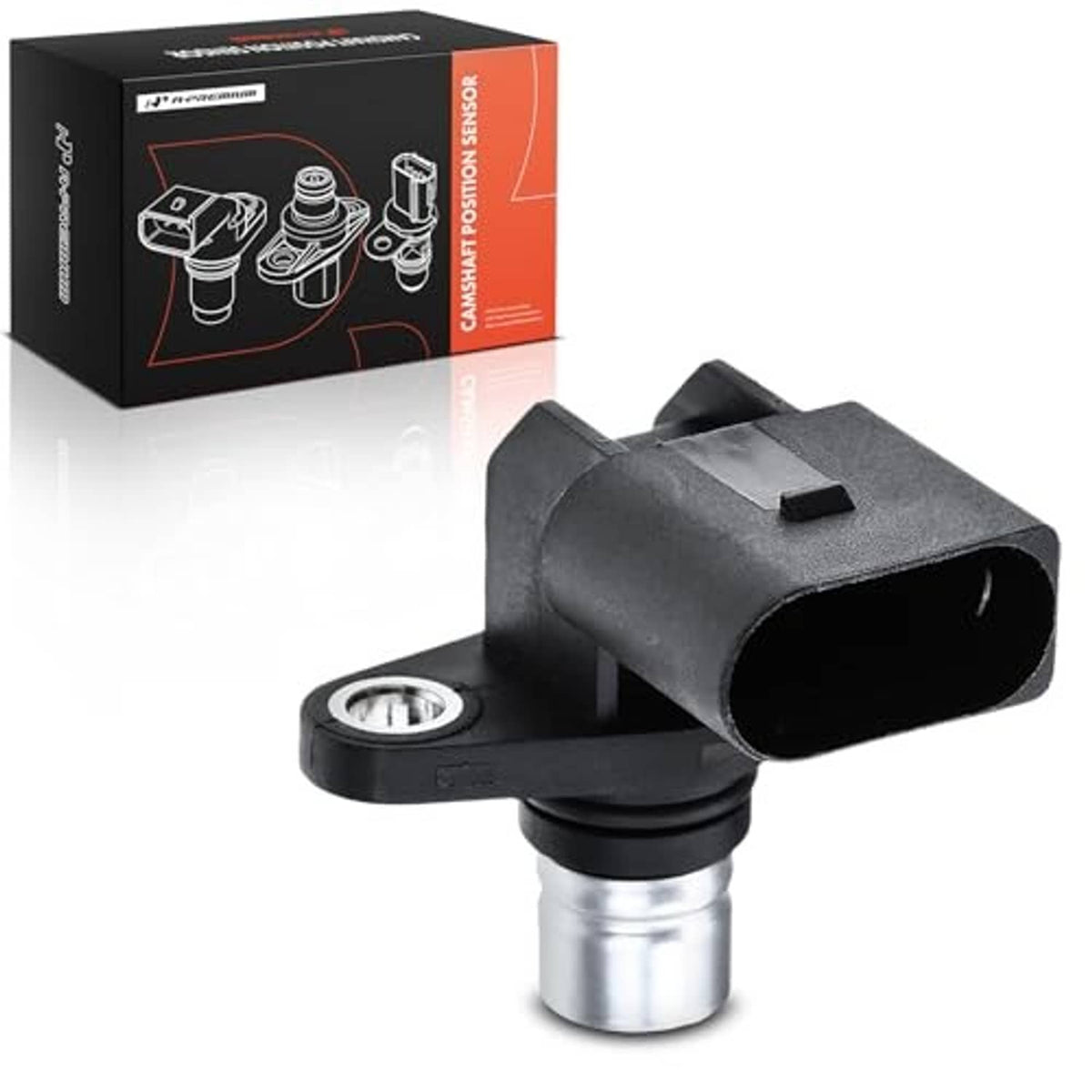Camshaft position sensor with black plastic housing and metal mounting tip.