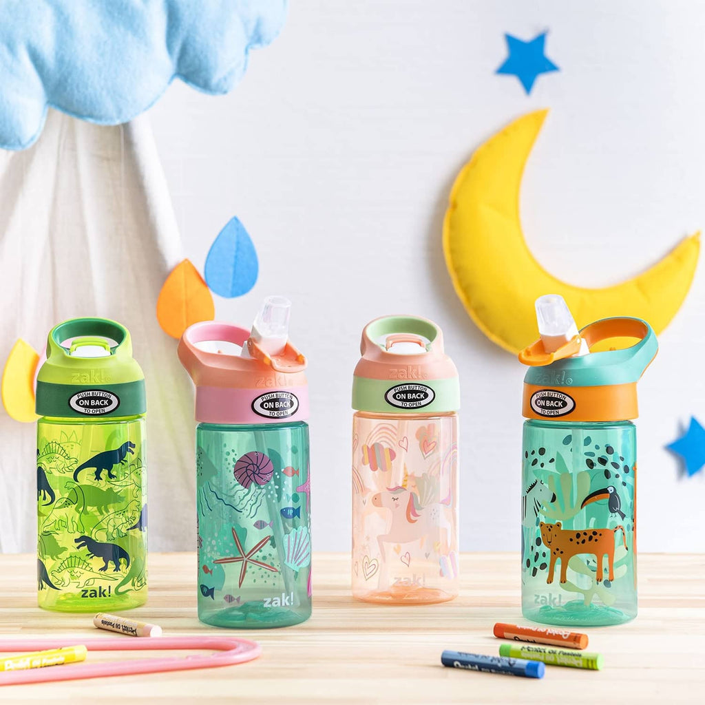 Set of kids dinosaur water bottles with colorful lids and safari animal prints