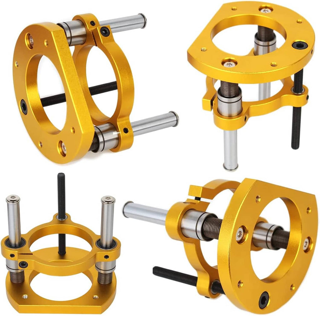 Gold router lift components with mounting rings and threaded steel rods.