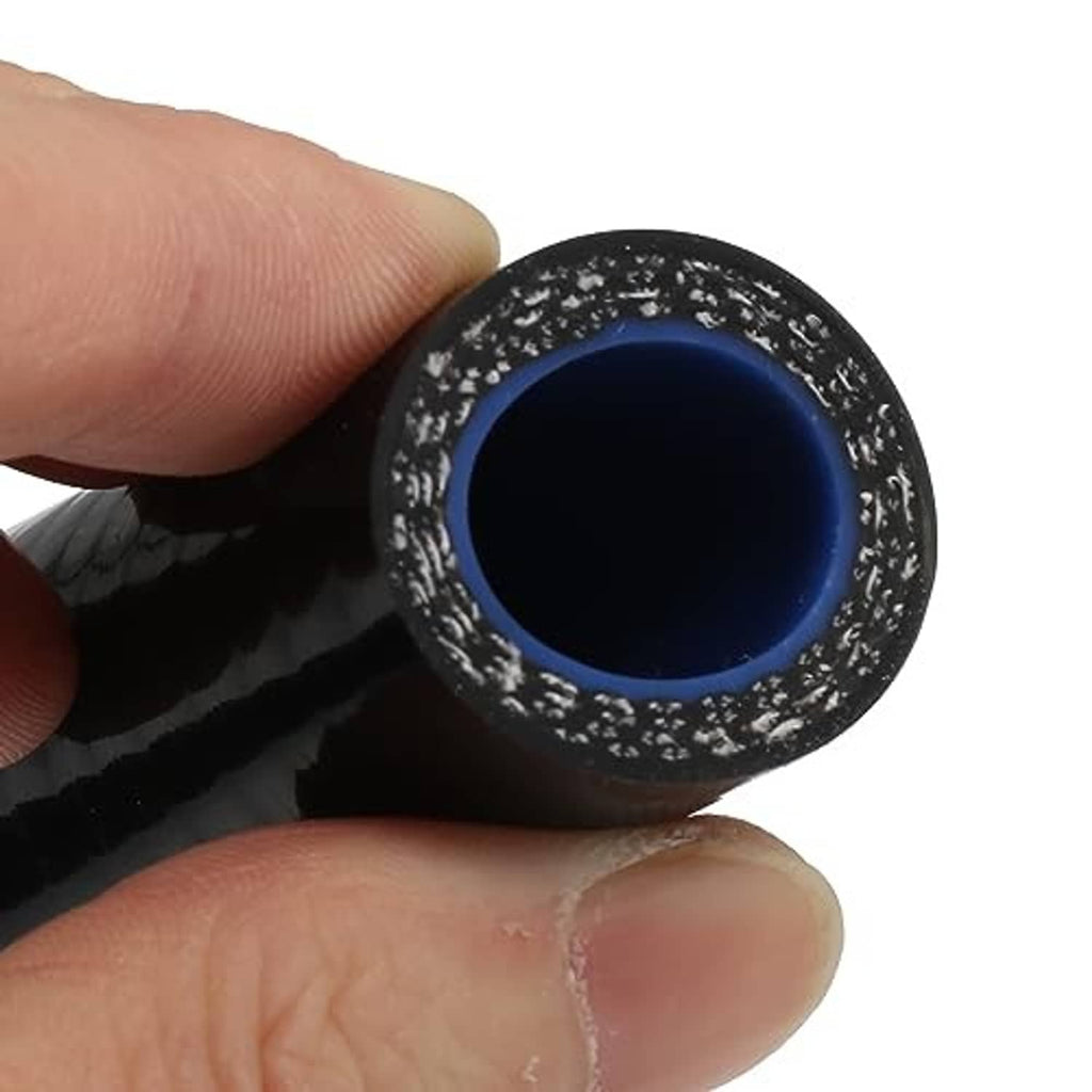 Close-up of black hose reducer end with blue inner lining and textured edge