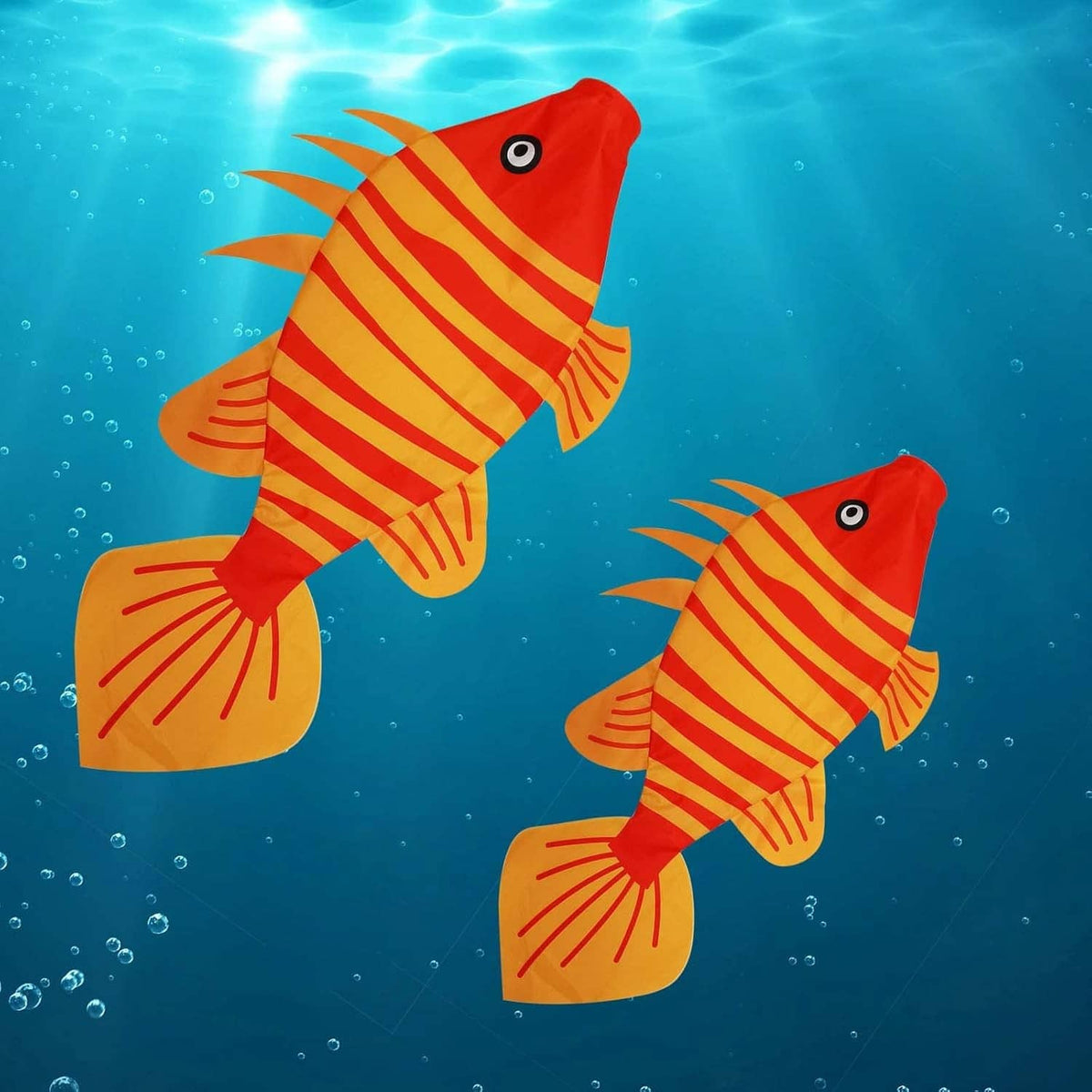 Red and orange striped fish wind sock set with visible fins and tails