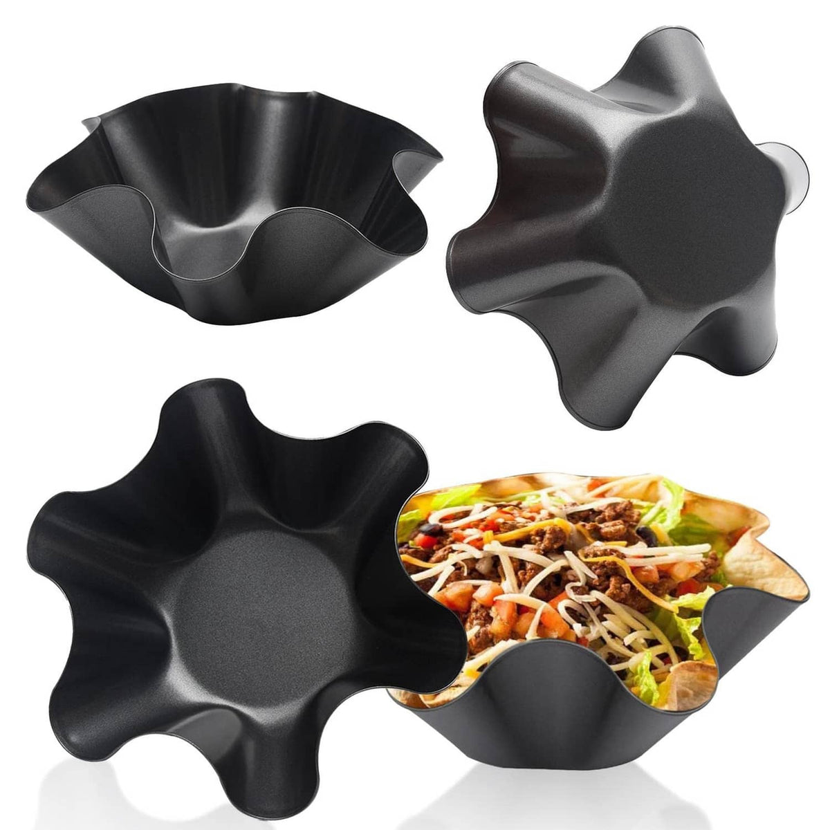Black nonstick taco salad bowl maker mold set, four star-shaped molds with taco salad