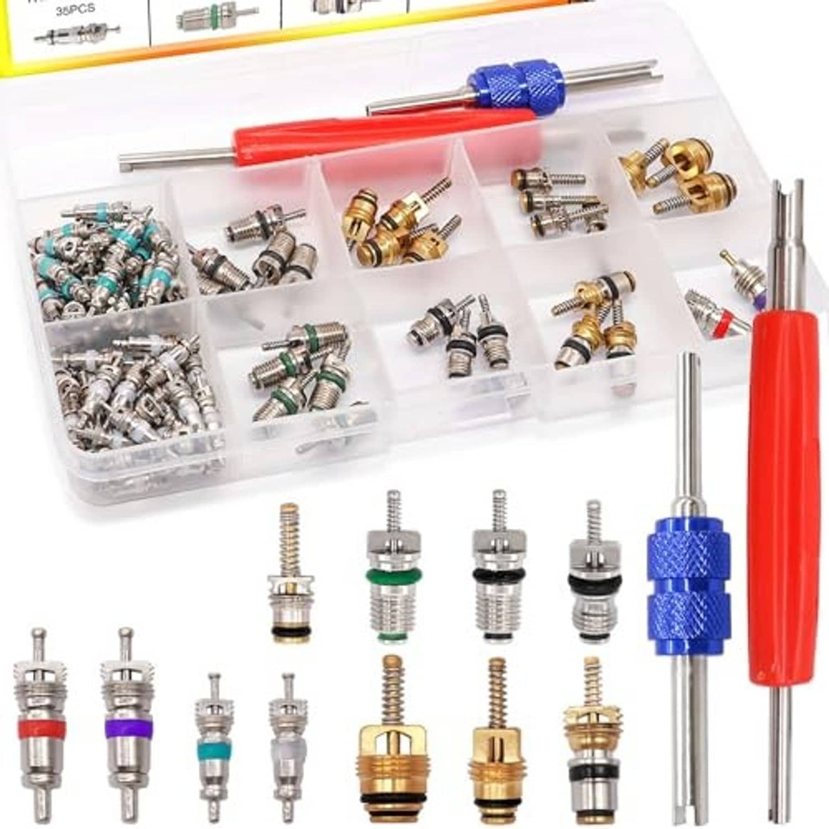 Car A/C valve core accessories kit with clear organizer box, assorted valve cores, and tools