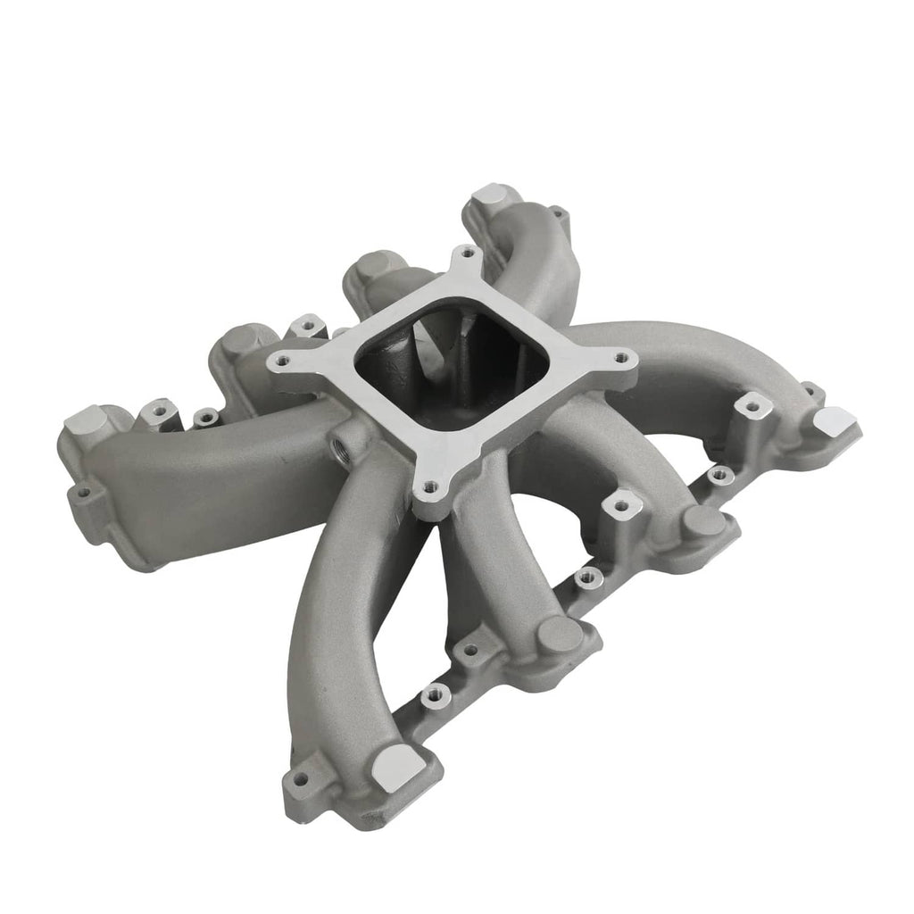Gray single-plane intake manifold with gasket, central square port, curved runner outlets