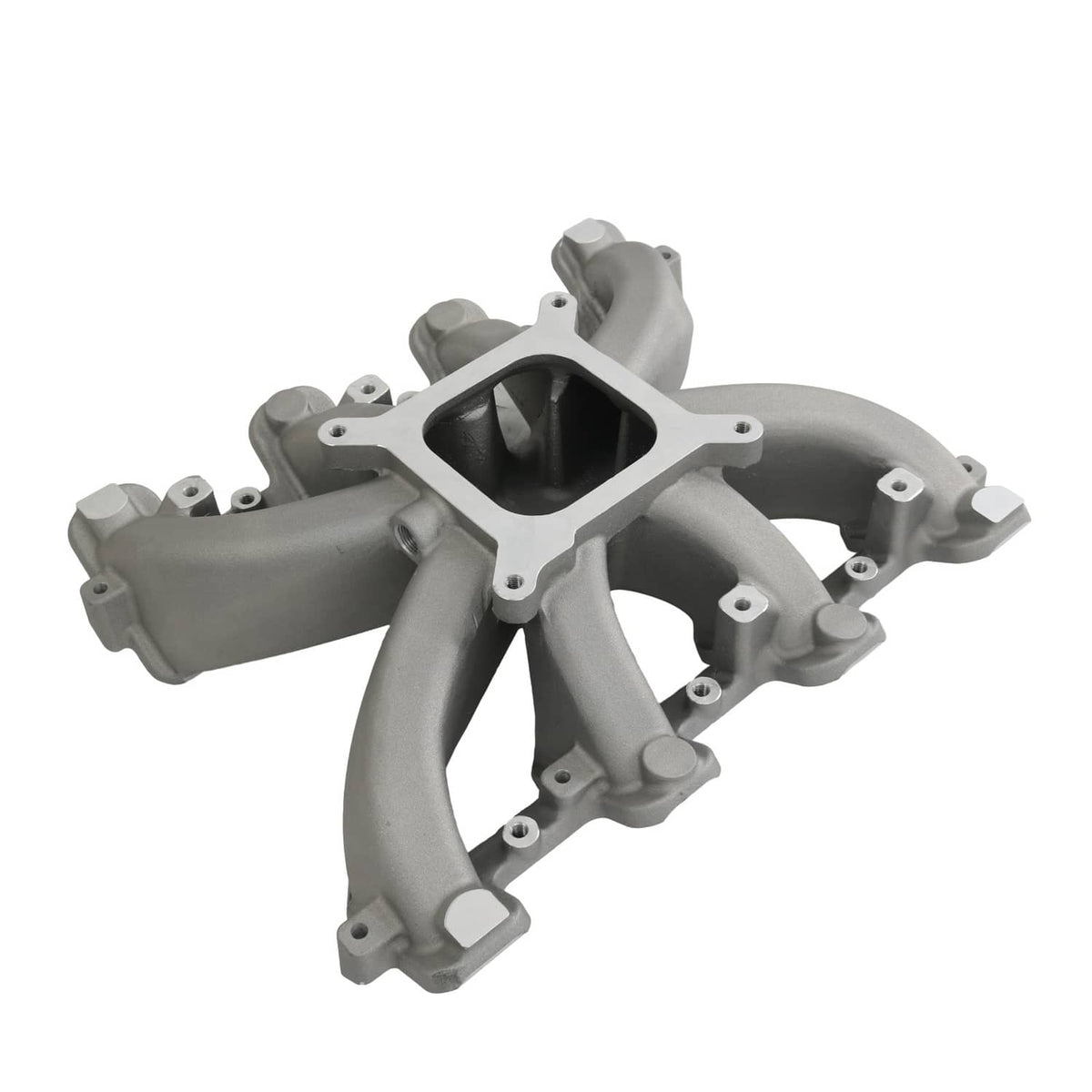 Gray single-plane intake manifold with gasket, central square port, curved runner outlets