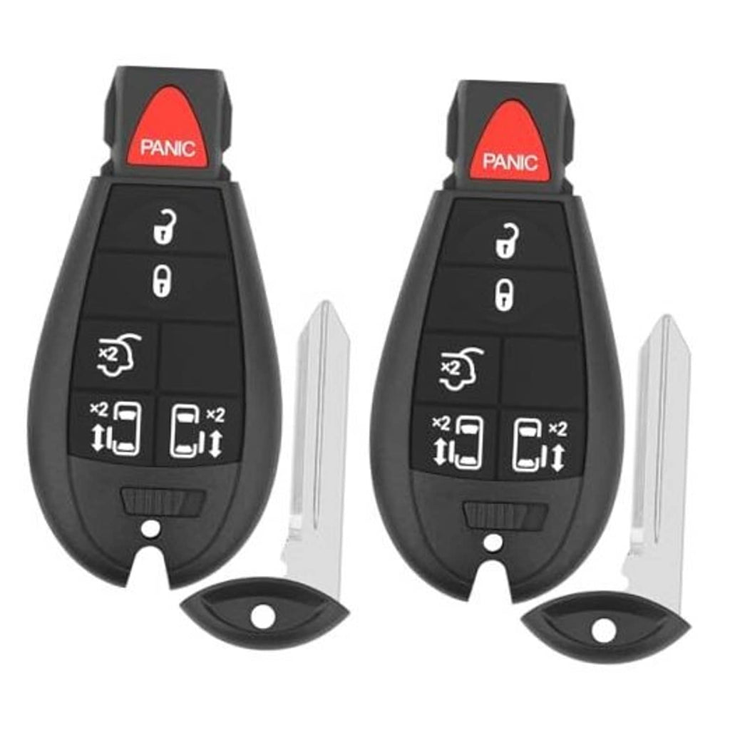 Black key fob with red PANIC button and lock/unlock icons, spare blade included