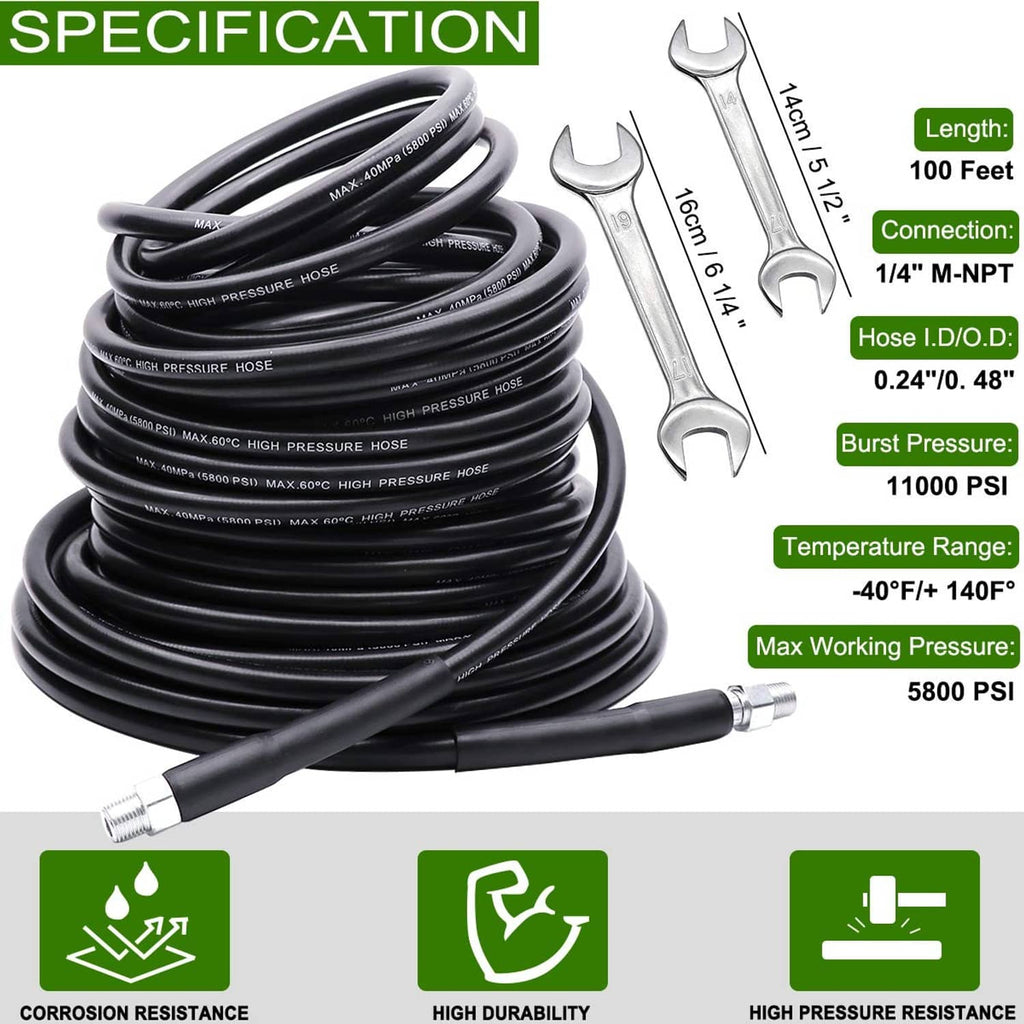100 ft coiled black sewer jetter hose with quick-connect fitting and included nozzles