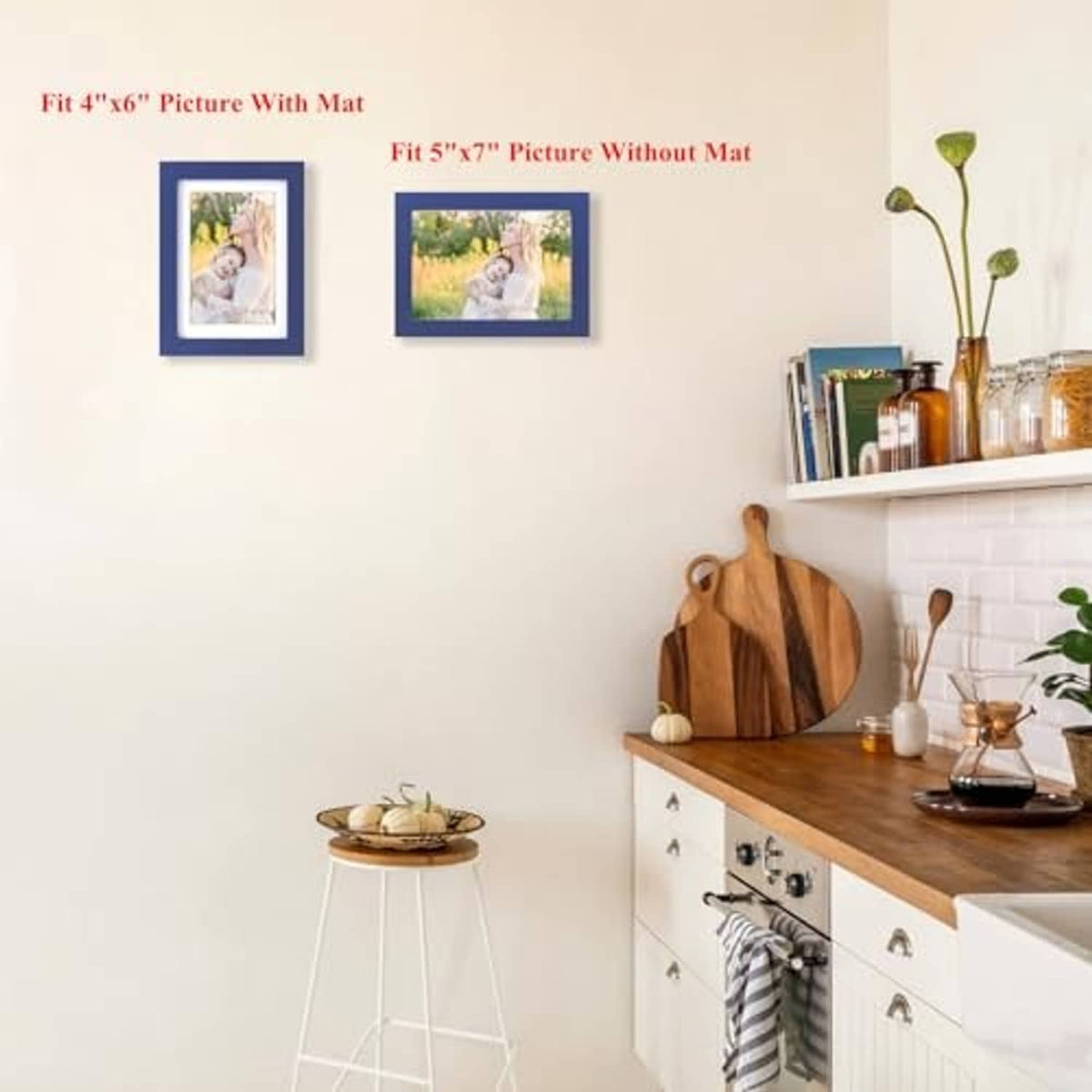 Pair of dark blue photo frames: one with mat, one without, each with photo