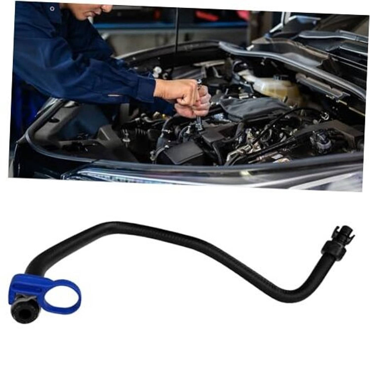 Black coolant hose with blue mounting end and small sensor-style connector
