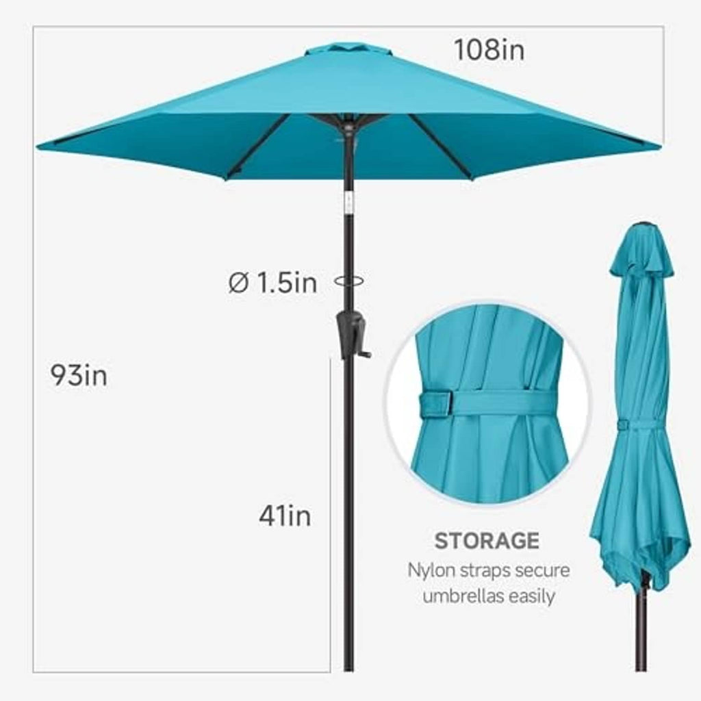 Aqua blue patio table umbrella open with storage strap for the cover