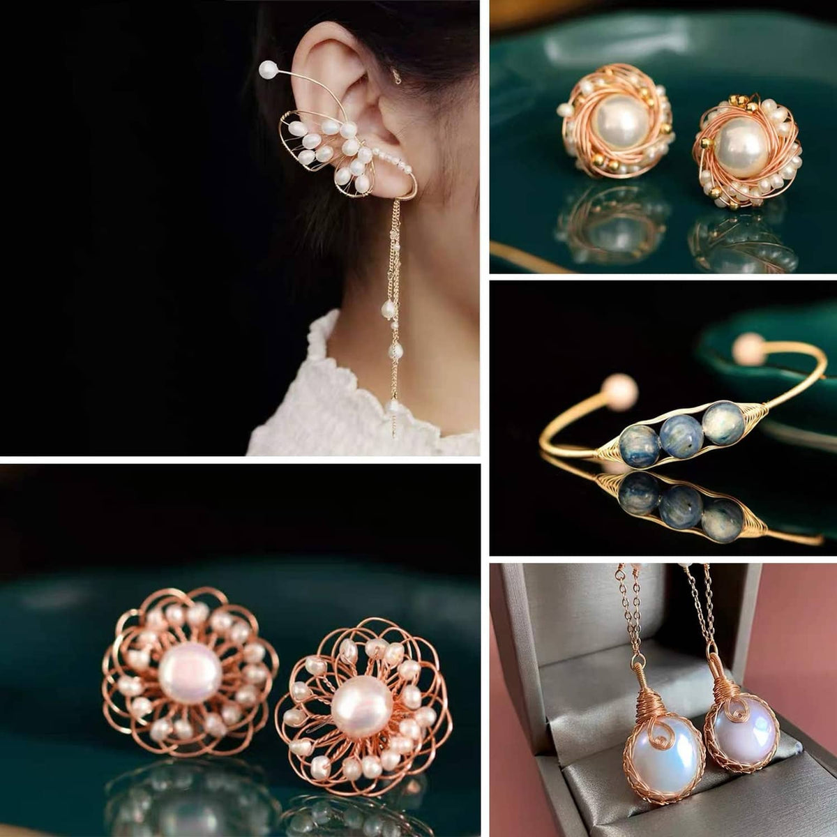 Rose gold wire earrings with pearl-like beads, showing paired styles