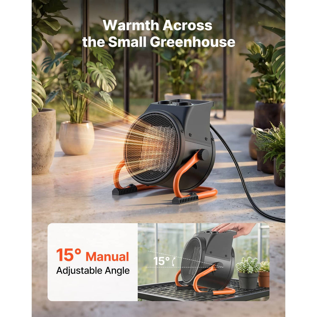 Portable electric greenhouse heater with adjustable angle stand and front heating grill