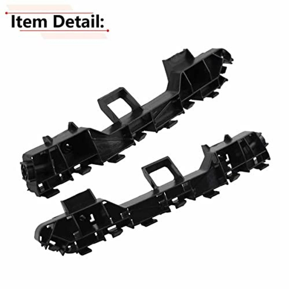 Black plastic bumper bracket detail pieces with square center opening and latch tabs