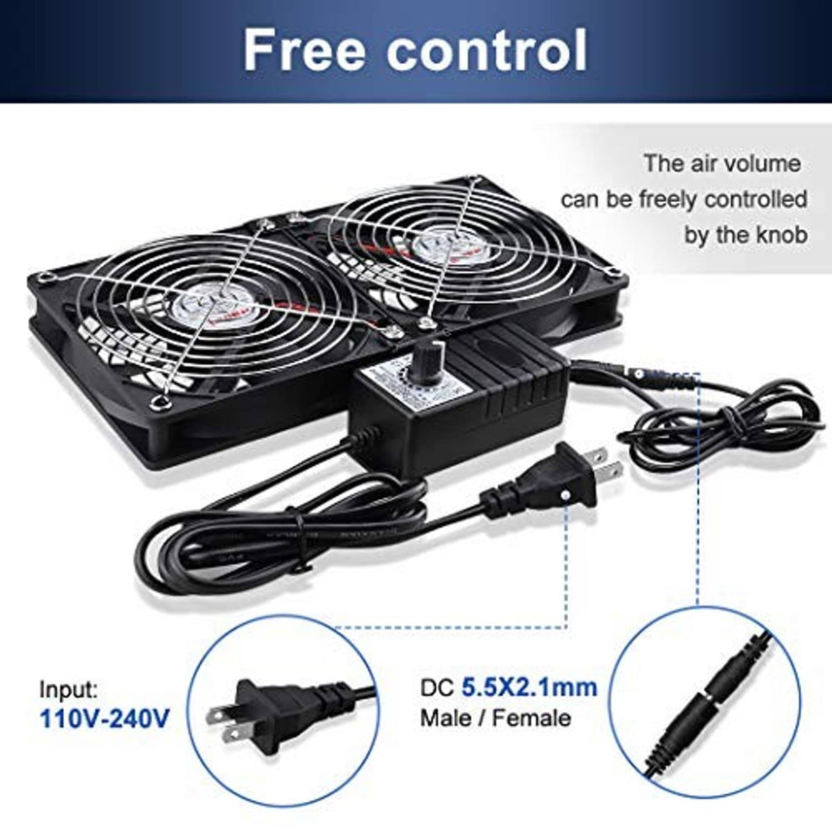 Dual 120mm cooling fan kit with adjustable control knob and power cable