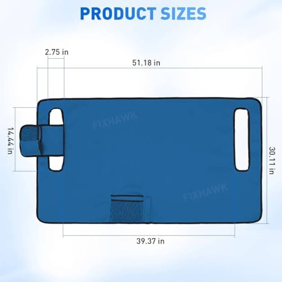 Blue golf cart seat blanket cover outline with measurement diagram and handle pockets