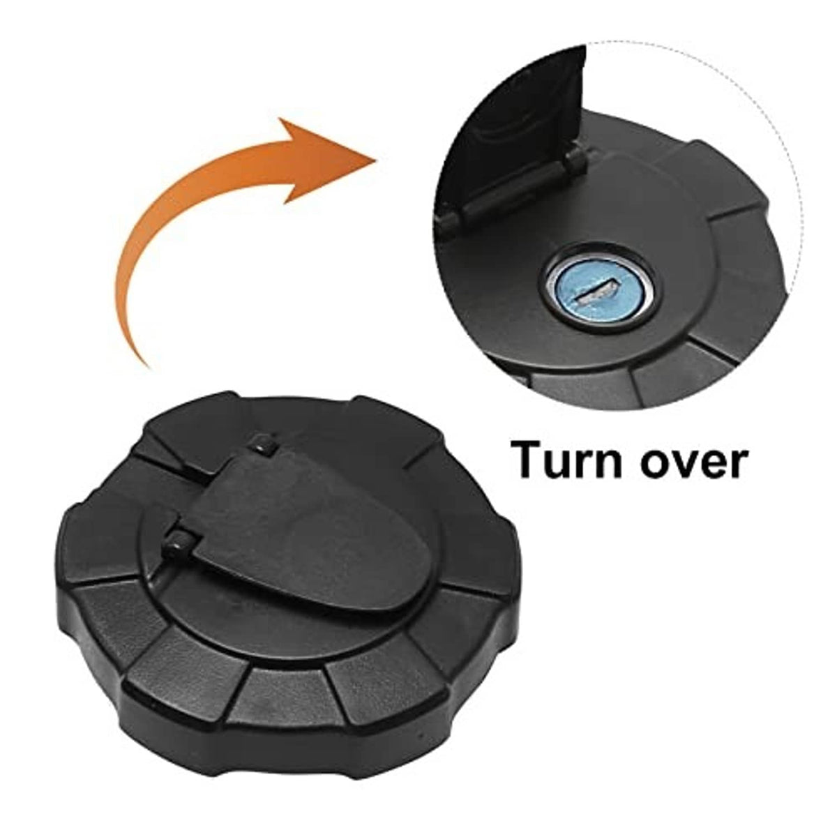 Black fuel cap cover hinged open, showing blue lock insert