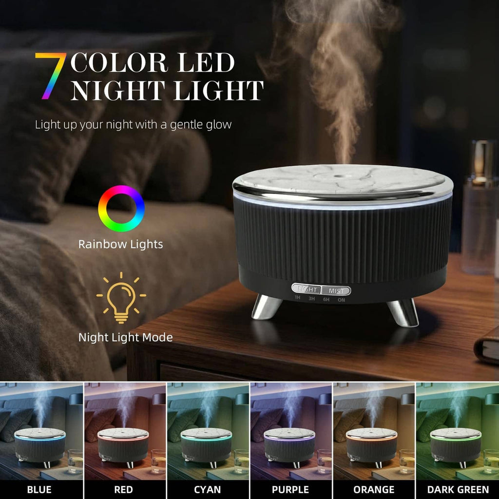 Black ultrasonic diffuser with 7-color LED night light glow and mist from top vent