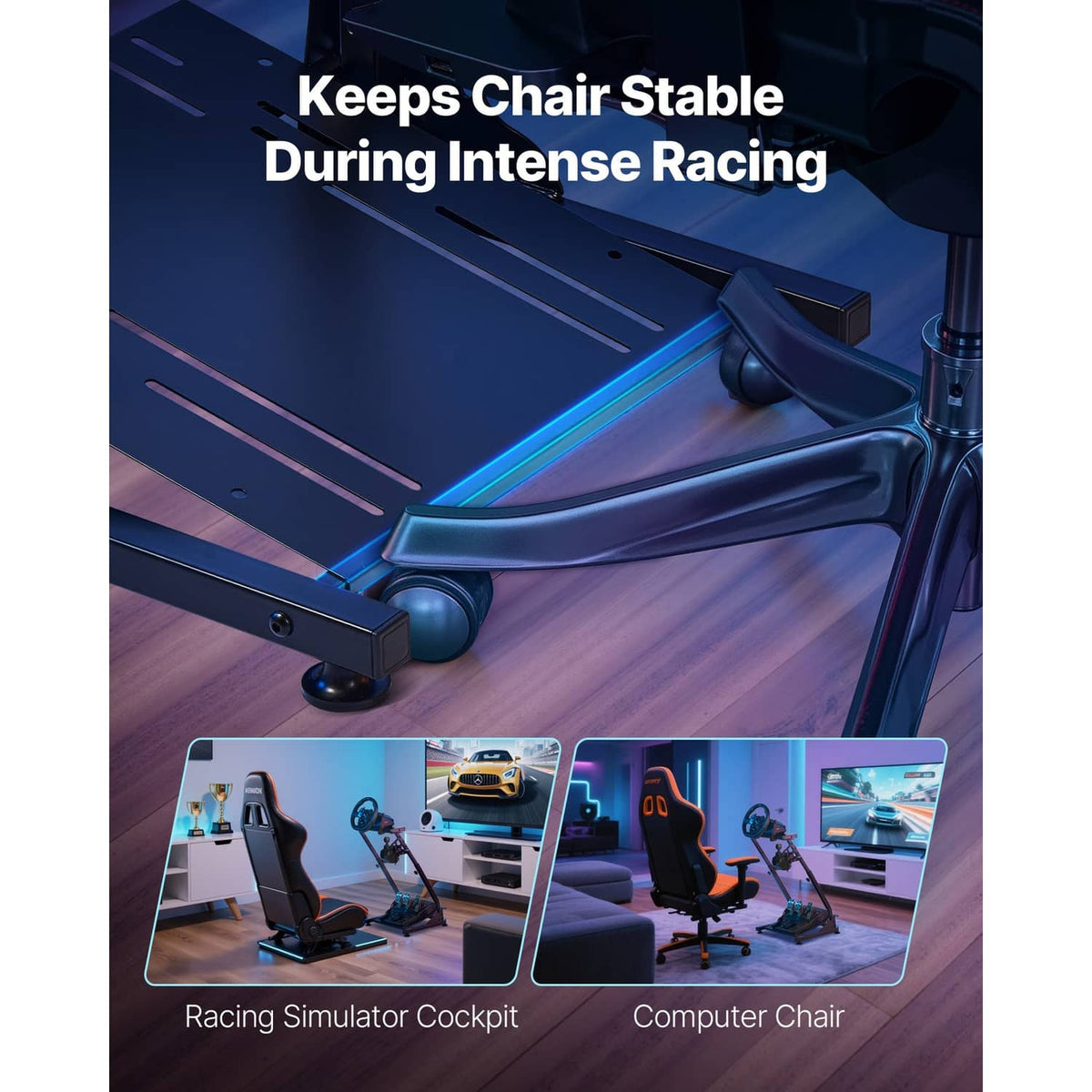 Foldable racing wheel stand base with suction cup feet for stable use during racing