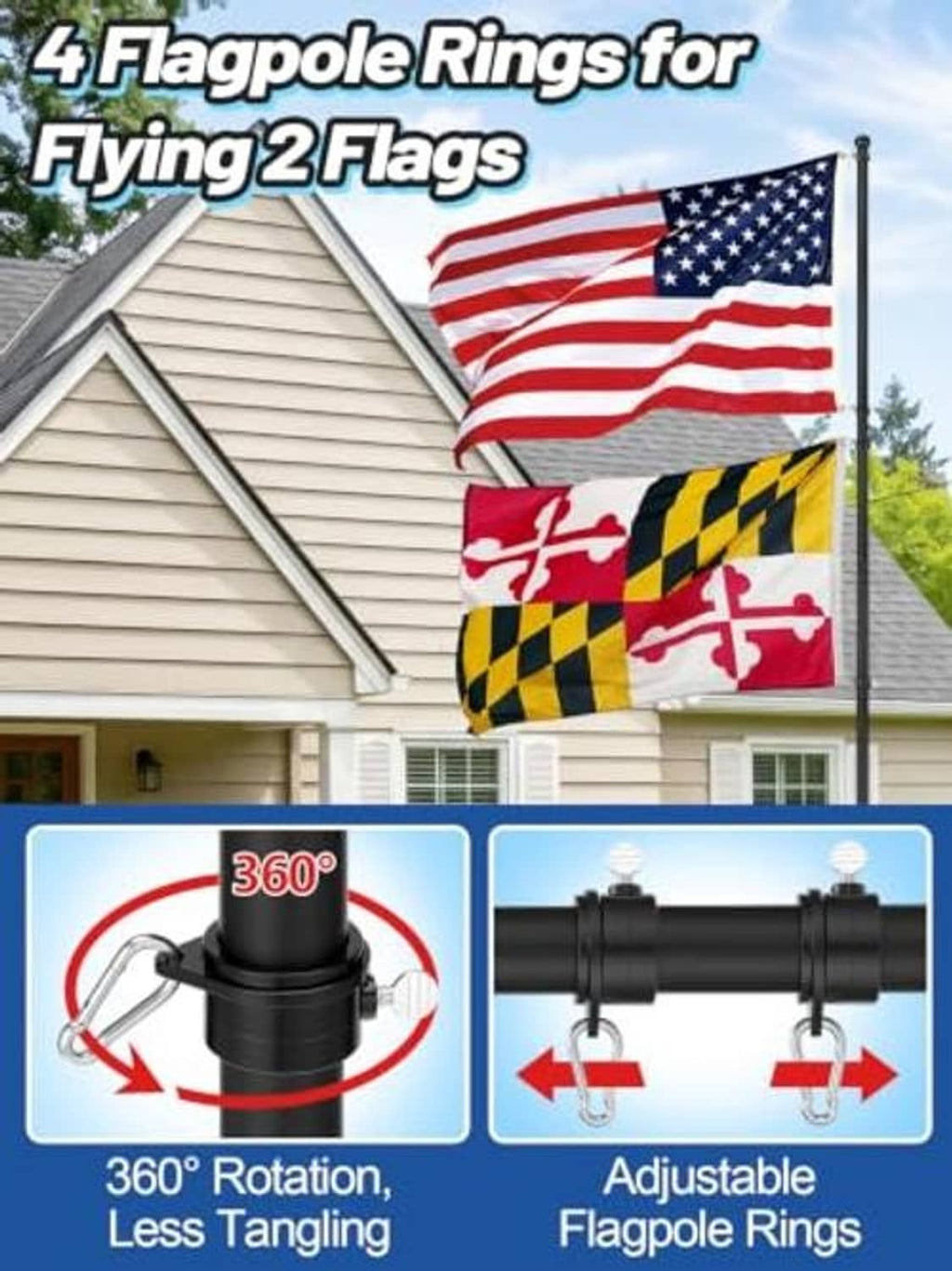Flag pole with rings showing adjustable, less tangling setup for multiple flags