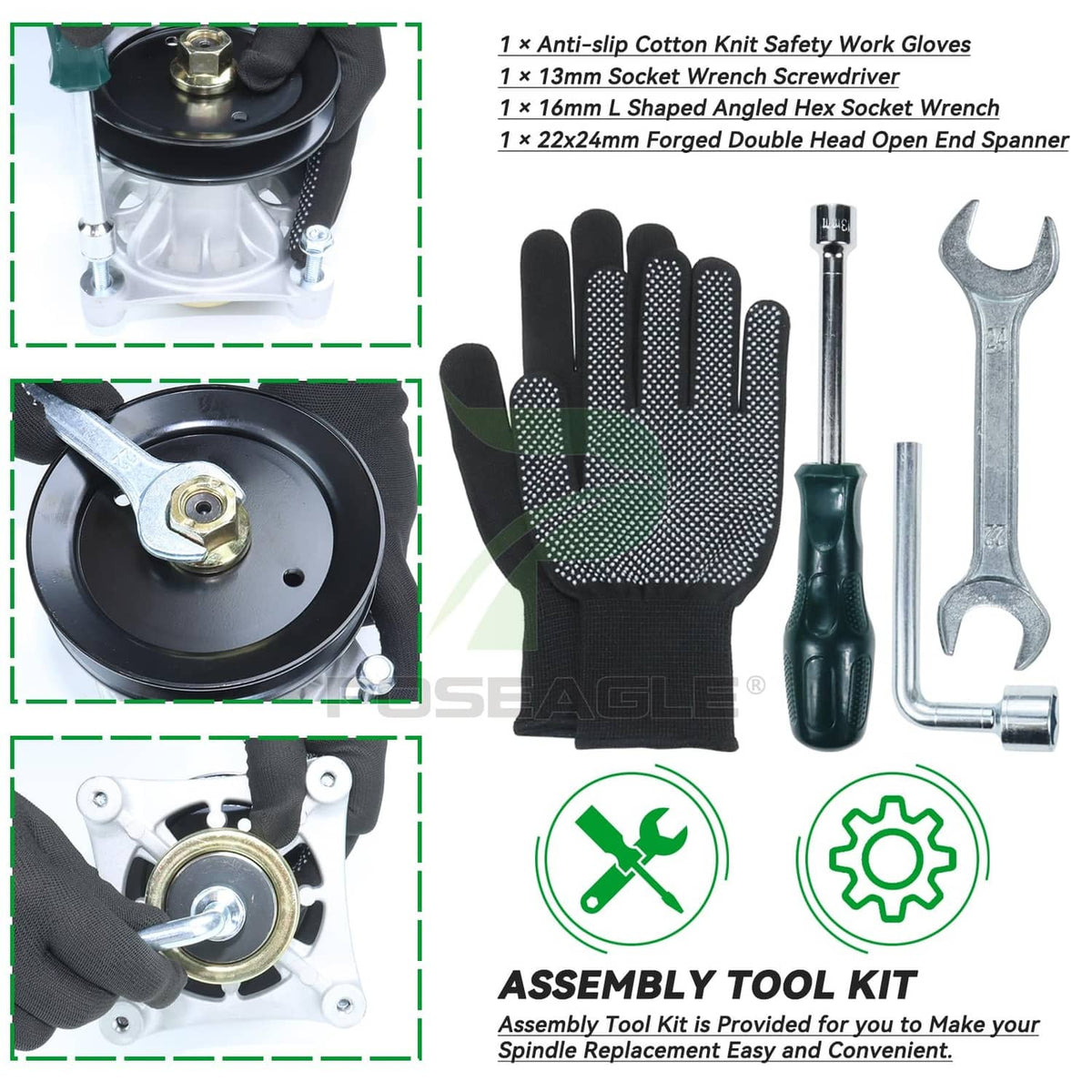 Assembly tool kit with black work gloves, wrenches, and sockets for spindle install