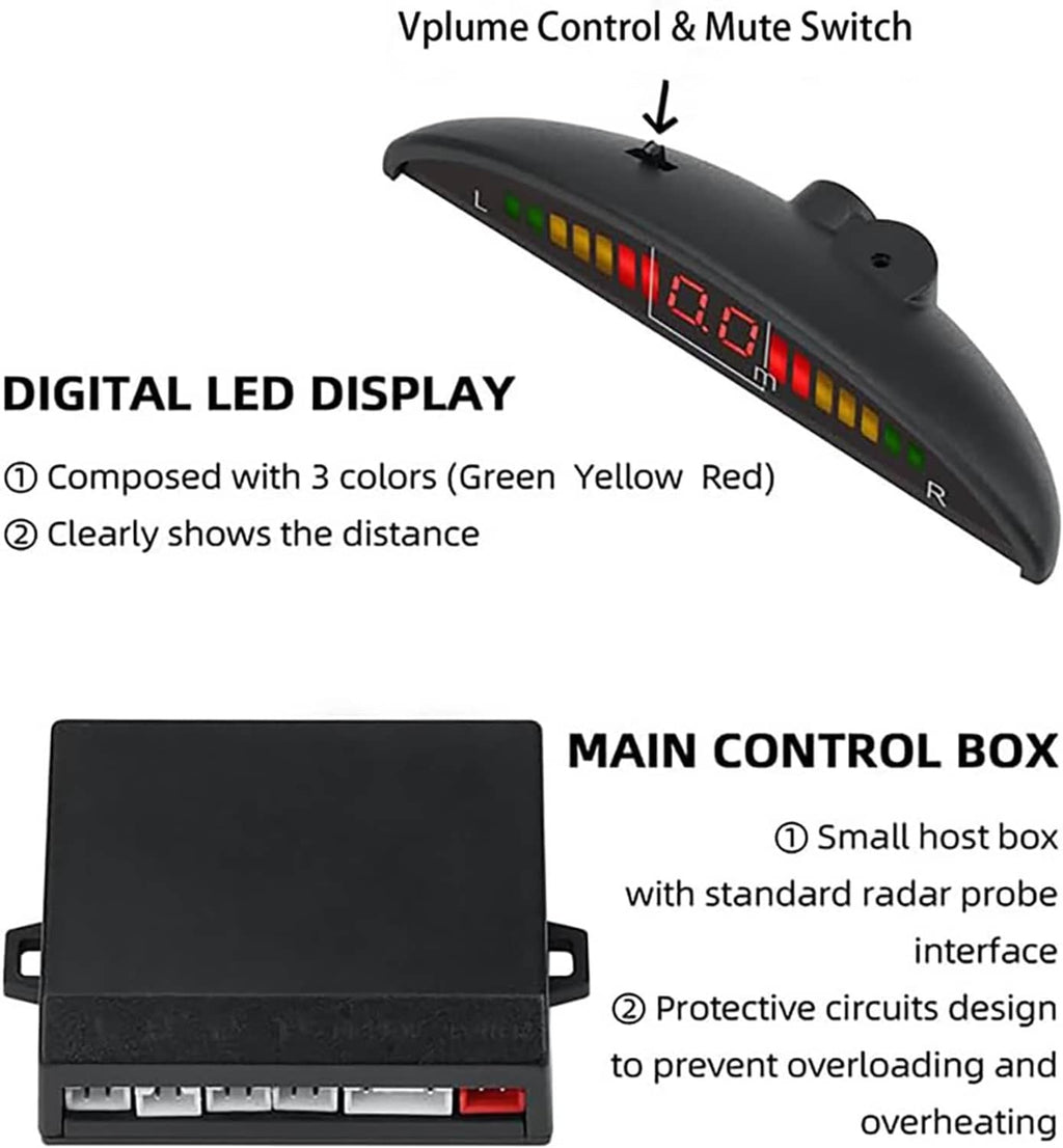 Parking sensor display unit with digital LED distance readout and main control box