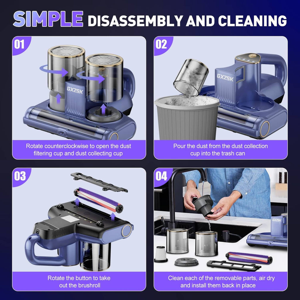 Blue mattress vacuum cleaner with removable dust cup parts and brushroll control
