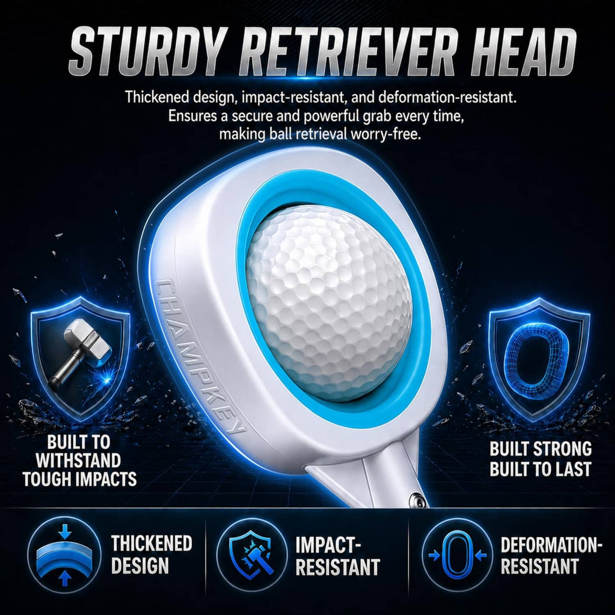 Thickened pressure retriever head with blue ring and textured golf ball scoop